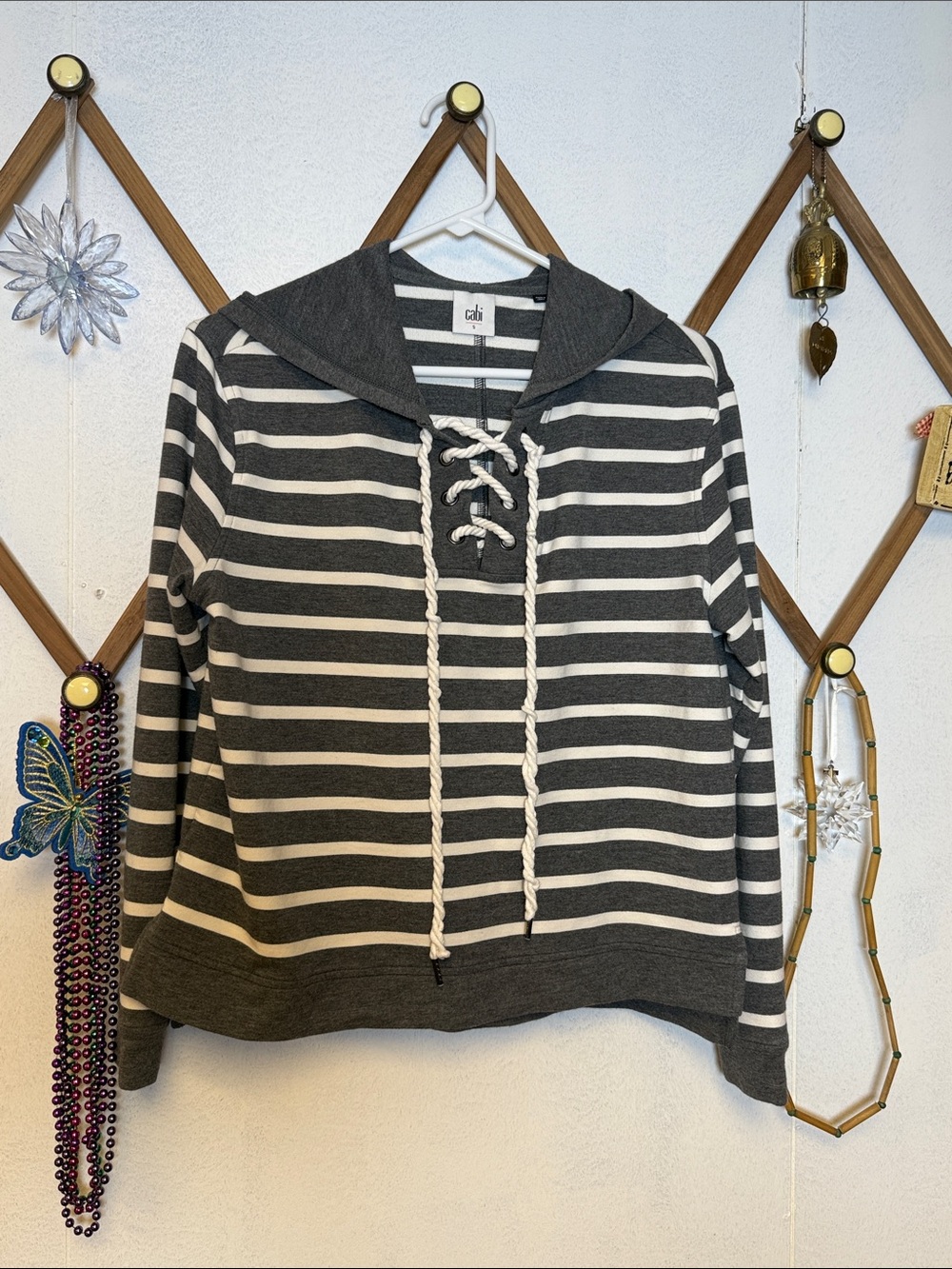 CAbi Charcoal & White Lace-Up Striped Hoodie